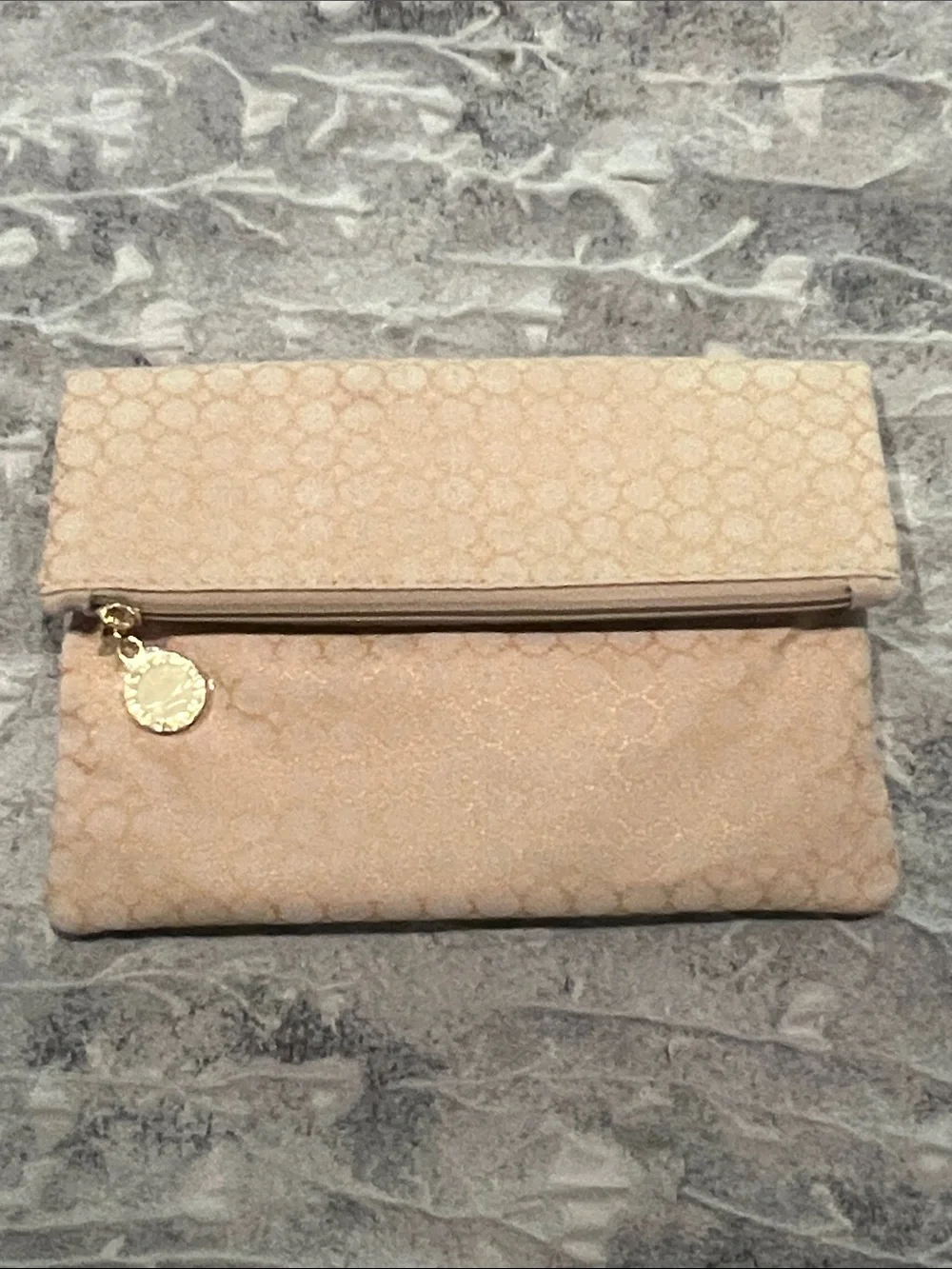 Bulgari Metallic Taupe Fold-Over Clutch with Gold Charm